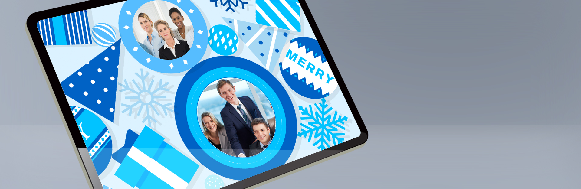 Photos on tablet depict appreciation Christmas cards with text "Picture perfect features"