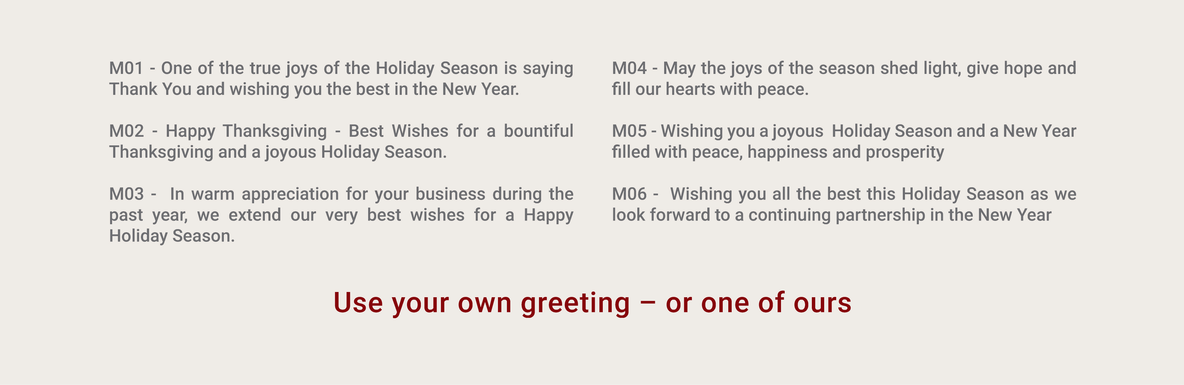 Text on screen, happy thanksgiving, new year, or Holiday Season as options for internal greeting- or use your own!